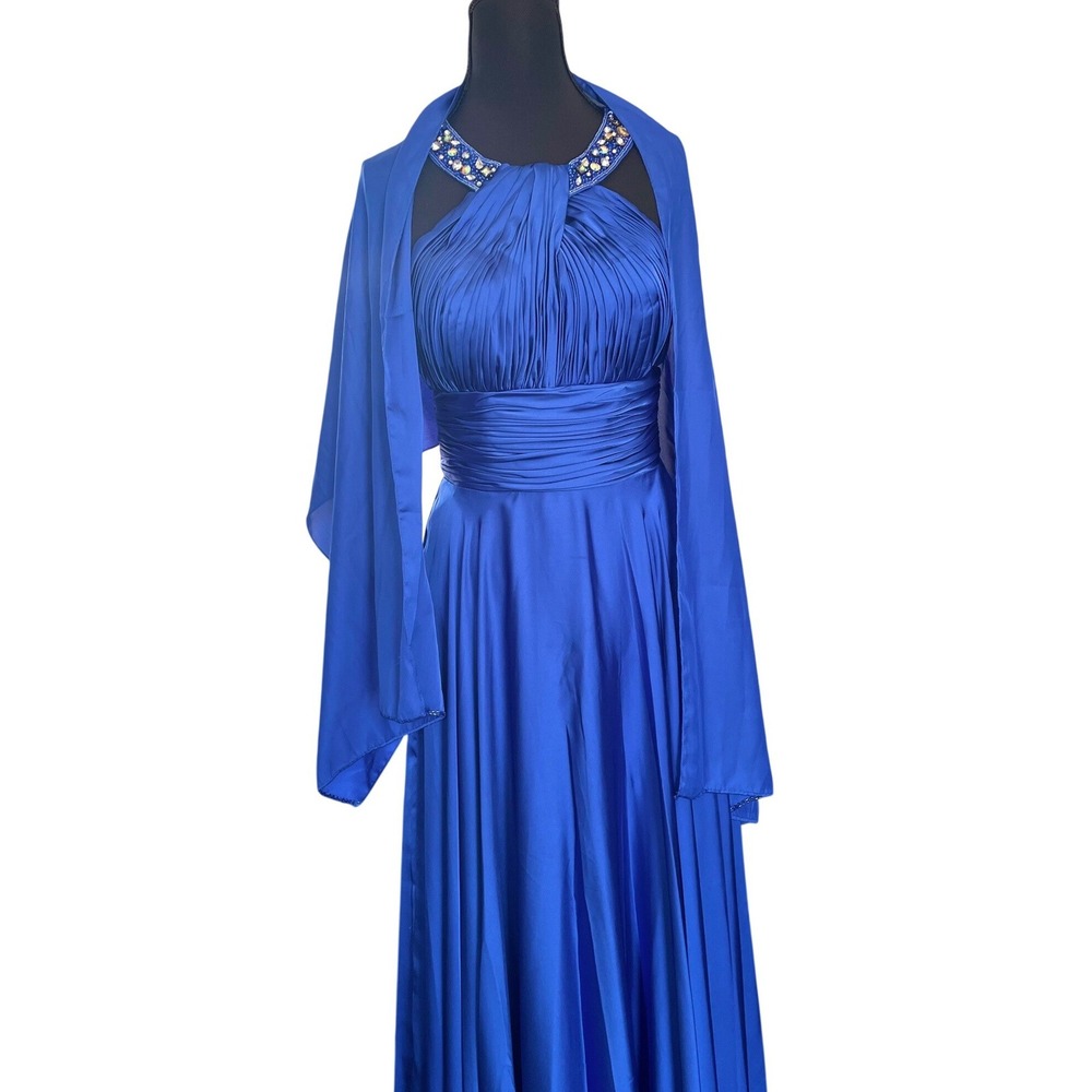 Dancing Queen Gown Womens S Blue Beaded Halter Ruched Maxi Ball Gown Dress - Picture 12 of 13
